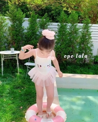 ĐỒ BƠI - BIKINI 2 DÂY KITTY TRẮNG VOAN BỒNG XOÈ CHO BÉ GÁI