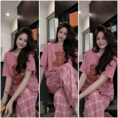 SET BỘ HỒNG GẤU QUẦN KẺ NỮ
