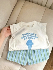 SET BỘ 3 LỖ DAMIANO'S ÁO TRẮNG QUẦN KẺ TONE XANH CHO BÉ TRAI