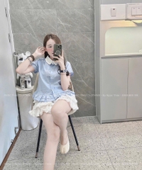ÁO GU XANH PLEUM DÁNG XOÈ XẾP BÈO NỮ SẴN