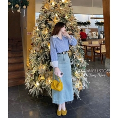 ÁO SƠ MI KẺ XANH PHỐI CỔ TAY TRẮNG NỮ