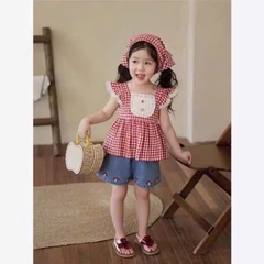 SET BỘ KÈM KHĂN KẺ ĐỎ BÉ GÁI SẴN( xả 45k)