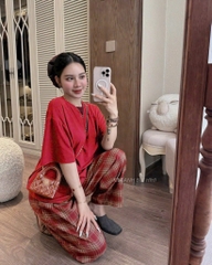 SET BỘ ÁO PHÔNG ĐỎ QUẦN KẺ ĐỎ NỮ SẴN