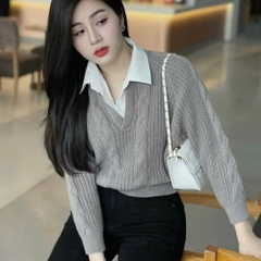 ÁO LEN CỔ SƠ MI 2 MÀU NỮ THU ĐÔNG