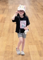 SET BỘ COTTON HELLO KITTY ĐEN MIX QUẦN LEGGING KẺ CHO BÉ GÁI