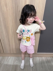 SÉT HAPPY 1/6 CHO BÉ TRAI BÉ GÁI MIX QUẦN CARO KÈM TÚI ĐEO CHÉO 3CT SẴN