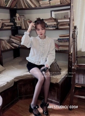 ÁO SƠ MI CỔ BÈO XANH TRẮNG NỮ SẴN