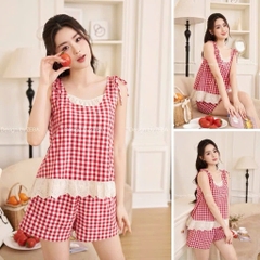 SET KẺ CARO ĐỎ NỮ PHỐI REN SẴN