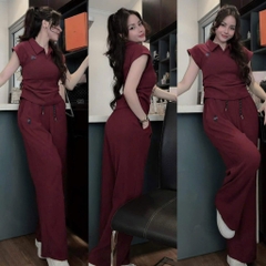 SET POLO ĐỎ XẾP LI EO QUẦN ỐNG RỘNG NỮ SẴN (SALE 140k)