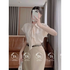 ÁO SƠ MI GU TAY LIỀN MIX NƠ CỔ NỮ(XẢ 85k)