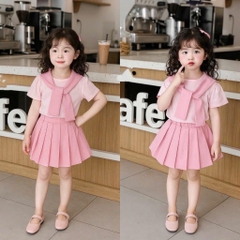 SET ÁO VÁY HỒNG THẮT KHĂN BÉ GÁI