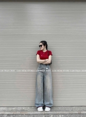 QUẦN SUÔNG JEAN NỮ PHỐI ĐỈA ĐỎ SẴN