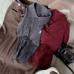 ÁO LEN POLO CỘC THÊU NGỰA 2 MÀU XÁM ĐỎ NỮ THU ĐÔNG