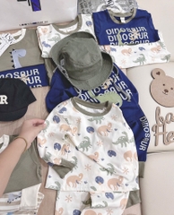 SET 3 BỘ DÀI TAY KHỦNG LONG TONE BE RÊU XANH THAN BÉ TRAI