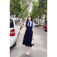 VÁY PHỐI CỔ VUÔNG XẾP LI TAY BỒNG MIXX CÚC CỎ 4 LÁ NỮ SẴN