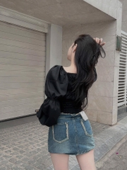 ÁO CROP TAY BỒNG CHUN EO XẢ (30k)