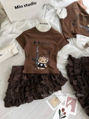 SET ÁO PHÔNG NÂU HELLO KITTY KÈM CHÂN VÁY NGẮN TẦNG NỮ