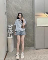 ÁO SƠ MI KẺ XANH CỘC TAY THÊU LOGO NỮ (KH ĐẶT SLL)