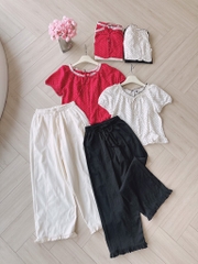 SET QUẦN BÈO GẤU MIX ÁO CHẤM BI PHỐI TƠ CÚC BỌC NỮ