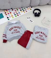SÉT BỘ NỈ MŨ 2DA TONE ĐỎ GHI DONT WASTE CỰC YÊU CHO BÉ TRAI