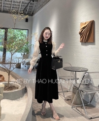 VÁY NHUNG CỔ BÈO PHỐI ĐÍNH NƠ EO HAI BÊN