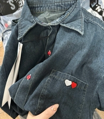 ÁO SƠ MI JEAN CỘC TAY THÊU TIM TRẮNG ĐỎ NỮ
