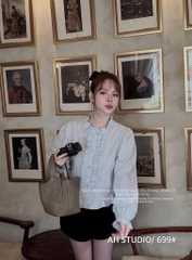 ÁO SƠ MI CỔ BÈO XANH TRẮNG NỮ SẴN