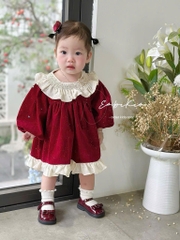SET VÁY NHUNG NHŨ ĐỎ DÀI TAY 3 CHI TIẾT BÉ GÁI SẴN