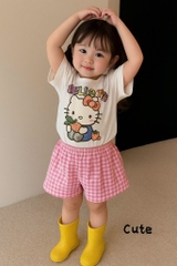 SET BỘ HELLO KITTY ZOZ WOW ÁO TRẮNG QUẦN SOOC CARO HỒNG BÉ GÁI SẴN