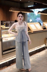 SET ÁO 2 DÂY ĐÍNH HOA KÈM QUẦN SUÔNG XANH NỮ