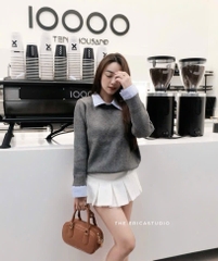 ÁO LEN XÁM PHỐI CỔ SƠ MI NỮ THU ĐÔNG
