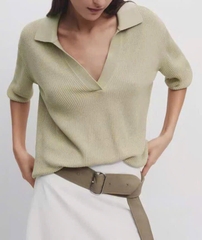 ÁO LEN NỮ XANH CỘC TAY CỔ POLO THU ĐÔNG