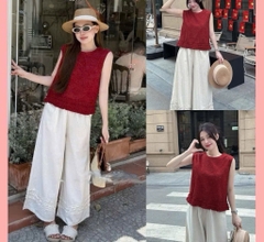 SET BỘ ÁO BALO ĐỎ REN KÈM QUẦN SUÔNG REN NỮ SẴN