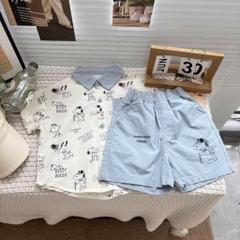 BỘ ĐŨI SƠ MI IN TRÀN CHÓ SNOOPY PHỐI QUẦN XANH BIỂN BÉ TRAI