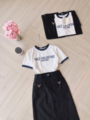 SET ÁO THUN TRẮNG VIỀN XANH NỮ