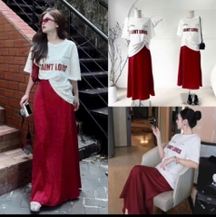SET CHÂN VÁY ĐỎ ÁO PHÔNG  TRẮNG NỮ