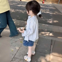 SÉT 3 CHI TIẾT ÁO 2 DÂY SƠ MI KẺ QUẦN VÁY JEAN KITTY BÉ GÁI
