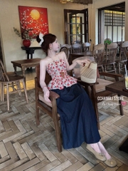 SET ÁO QUÂY HOA CÚP NGỰC MIX CHÂN VÁY DÁNG DÀI SẴN