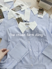 ÁO SƠ MI KẺ XANH PHỐI LI EO ĐỆM VAI NỮ SẴN