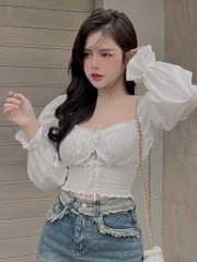 ÁO CROP TAY BỒNG CHUN EO XẢ (30k)
