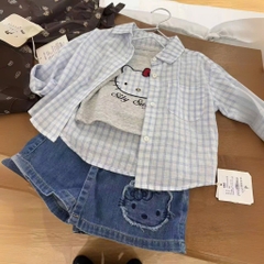 SÉT 3 CHI TIẾT ÁO 2 DÂY SƠ MI KẺ QUẦN VÁY JEAN KITTY BÉ GÁI