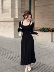 VÁY LEN MIDI CỔ VUÔNG ĐAN(xả 128k)