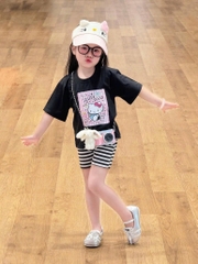 SET BỘ COTTON HELLO KITTY ĐEN MIX QUẦN LEGGING KẺ CHO BÉ GÁI