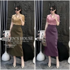SET CHÂN VÁY LI EO MIXX ÁO DÍP CỔ V NỮ