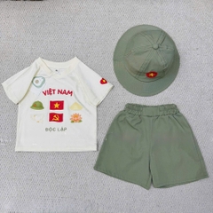 SET 3 MÓN ÁO VIỆT NAM ĐỘC LẬP KÈM MŨ XANH BÉ TRAI BÉ GÁI