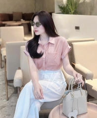 ÁO SƠ MI GU TÚI TRƯỚC HỒNG TRẮNG NỮ SẴN (SALE 80k)