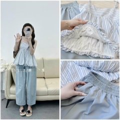 SET BỘ NỮ ÁO KẺ LI-EN BỒNG 2 LỚP CHẠY CHUN SẴN