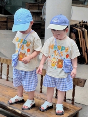 SÉT HAPPY 1/6 CHO BÉ TRAI BÉ GÁI MIX QUẦN CARO KÈM TÚI ĐEO CHÉO 3CT SẴN