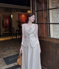 SET LINEN CỔ VEST ĐÍNH HOA - SANG XỊN MỊN NỮ