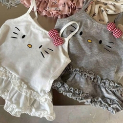 SÉT 2 VÁY 2S KITTY BÈO 2 TẦNG NƠ BÔNG TONE TRẮNG GHI CHO BÉ GÁI NEW